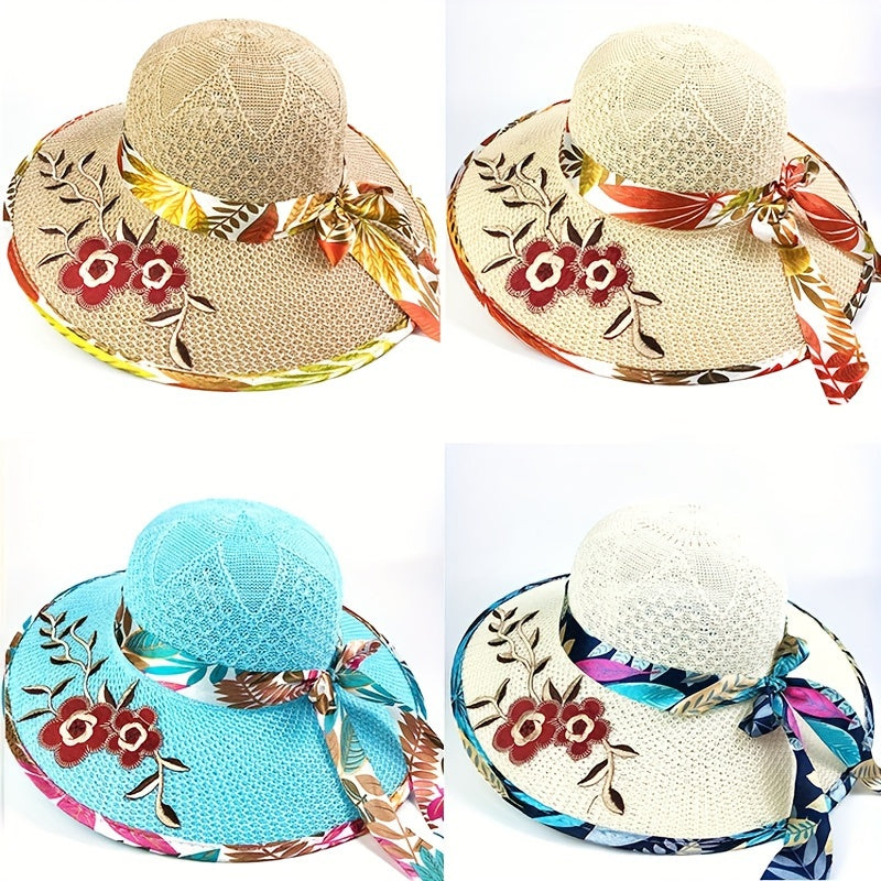 1pc Satin Print Streamer Decorative Sun Hat Personalized Flower Embroidered Wide Brim Hat Summer Stylish Sunshade Beach Hats For Women