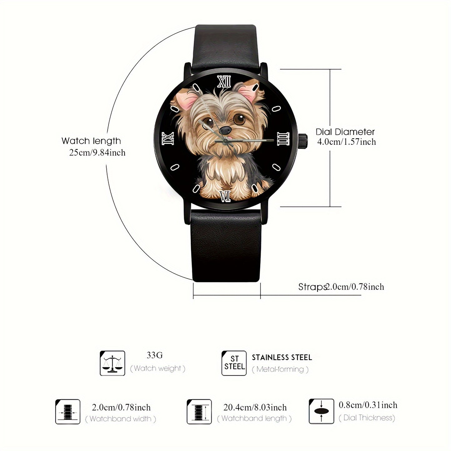 Stylish Quartz Analog Wristwatch with Cute Dog Design - Stainless Steel Case, Faux Leather Strap for Men & Women