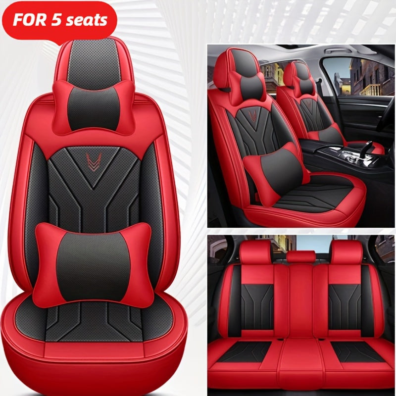 5-Seat Universal Fit Luxury Faux Leather Car Seat Cover Set - Waterproof, All-Season, Sponge Filled, PU Leather Surface, Front and Rear Cushion Protector for Sedan, Pickup, Trucks, Hatchbacks, SUVs, and Crossovers