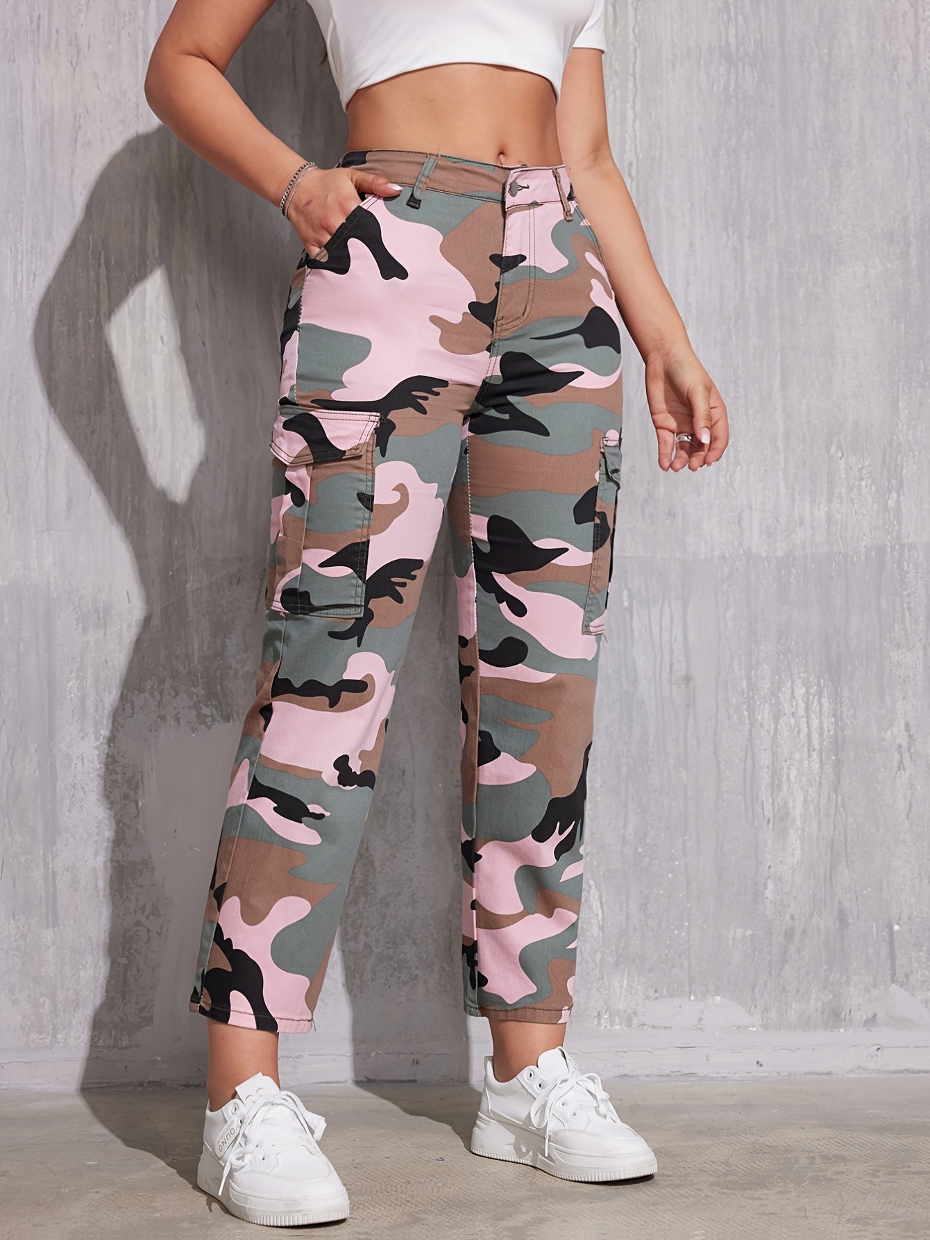 Camouflage Print Side Flap Pocket Cargo Jeans, High Rise Y2K Kpop Cropped Denim Pants, Women's Denim Jeans & Clothing