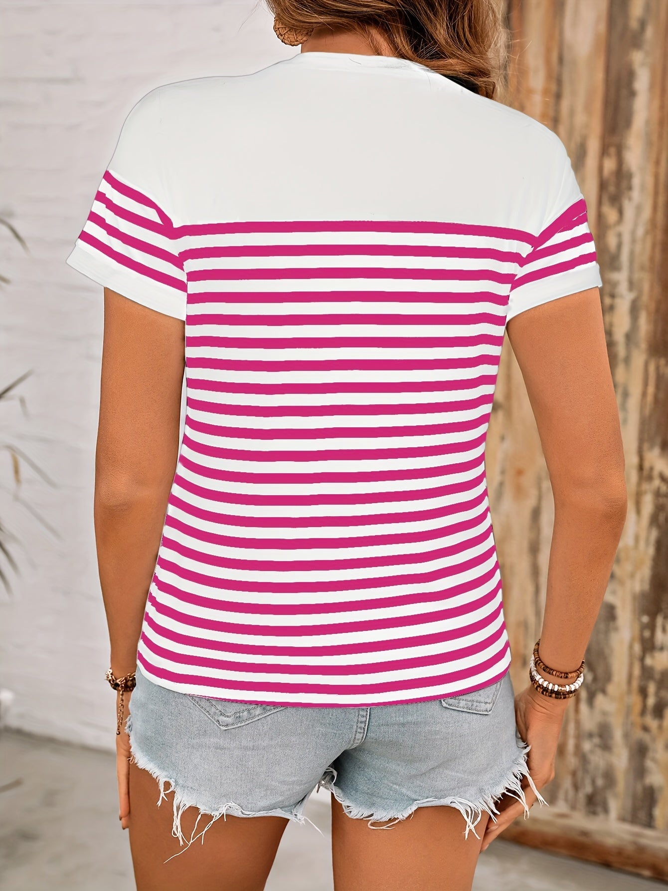 Striped Print Color Block T-Shirt, Casual Short Sleeve T-Shirt For Spring & Summer, Women's Clothing