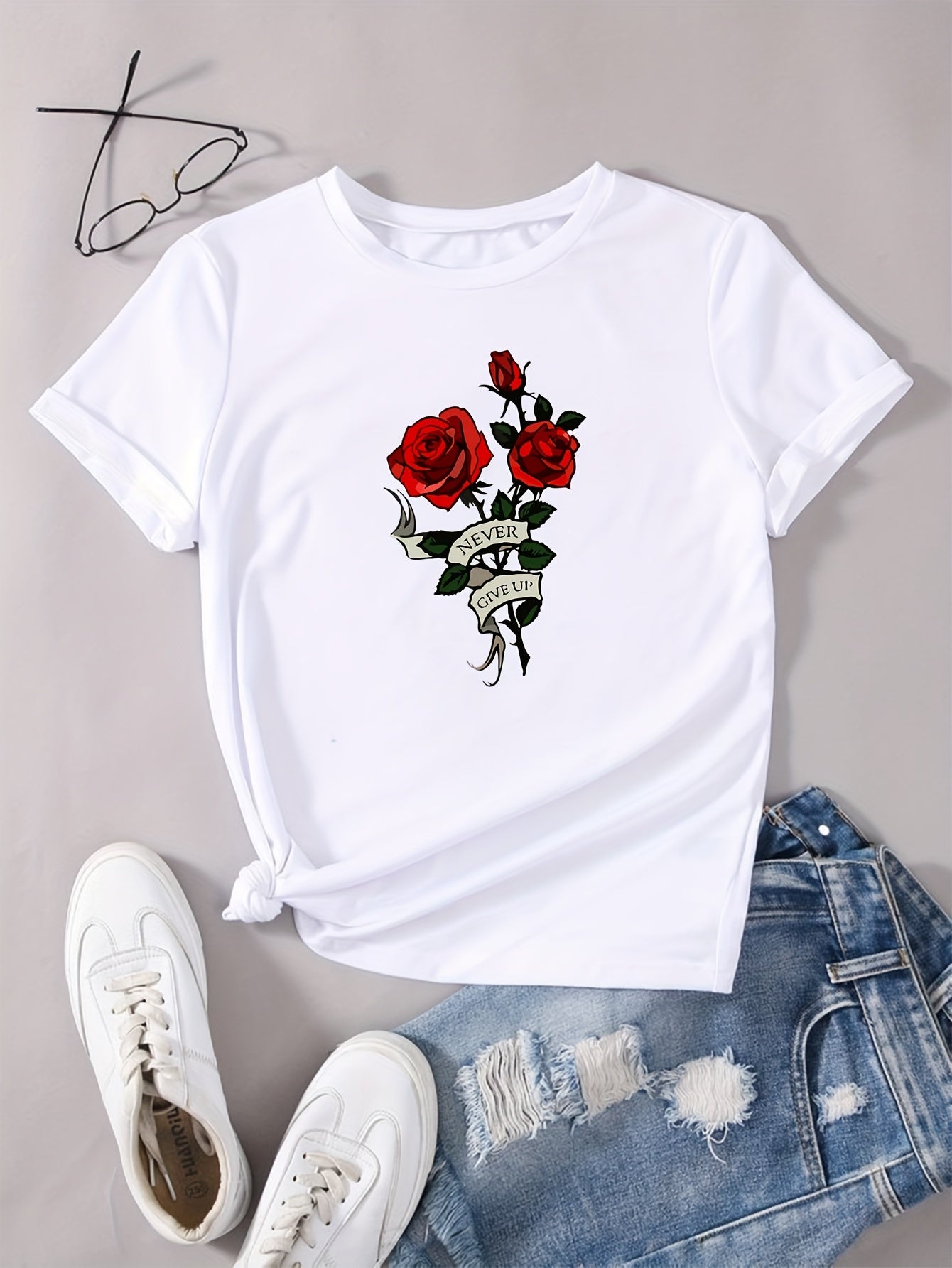 Roses Print Crew Neck T-Shirt, Casual Short Sleeve T-Shirt For Spring & Summer, Women's Clothing