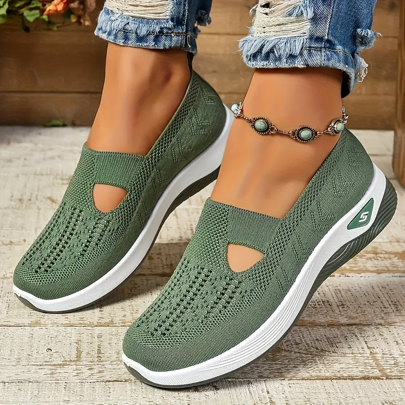 Womens Lightweight Knit Cut-out Sneakers - Ultra-Casual, Exceptionally Breathable Sports sole, Easy Slip-On Shoes with Super Lightweight Construction and Flat Heel for Comfort - Perfect for Outdoor Walking and Casual Strolls