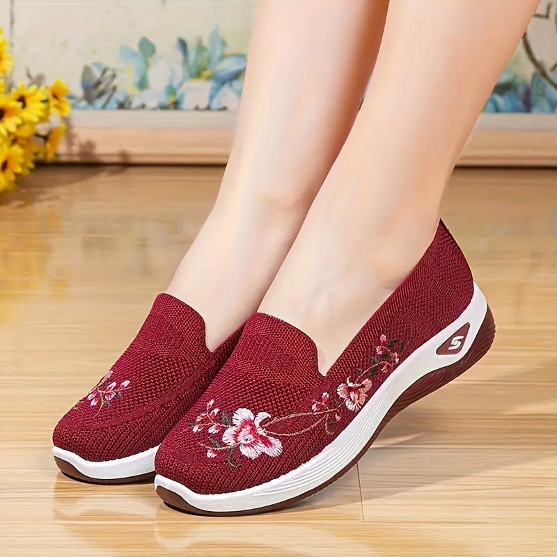 Women's Floral Embroidered Flats, Soft Sole Platform Slip On Walking Shoes, Low-top Breathable Daily Footwear