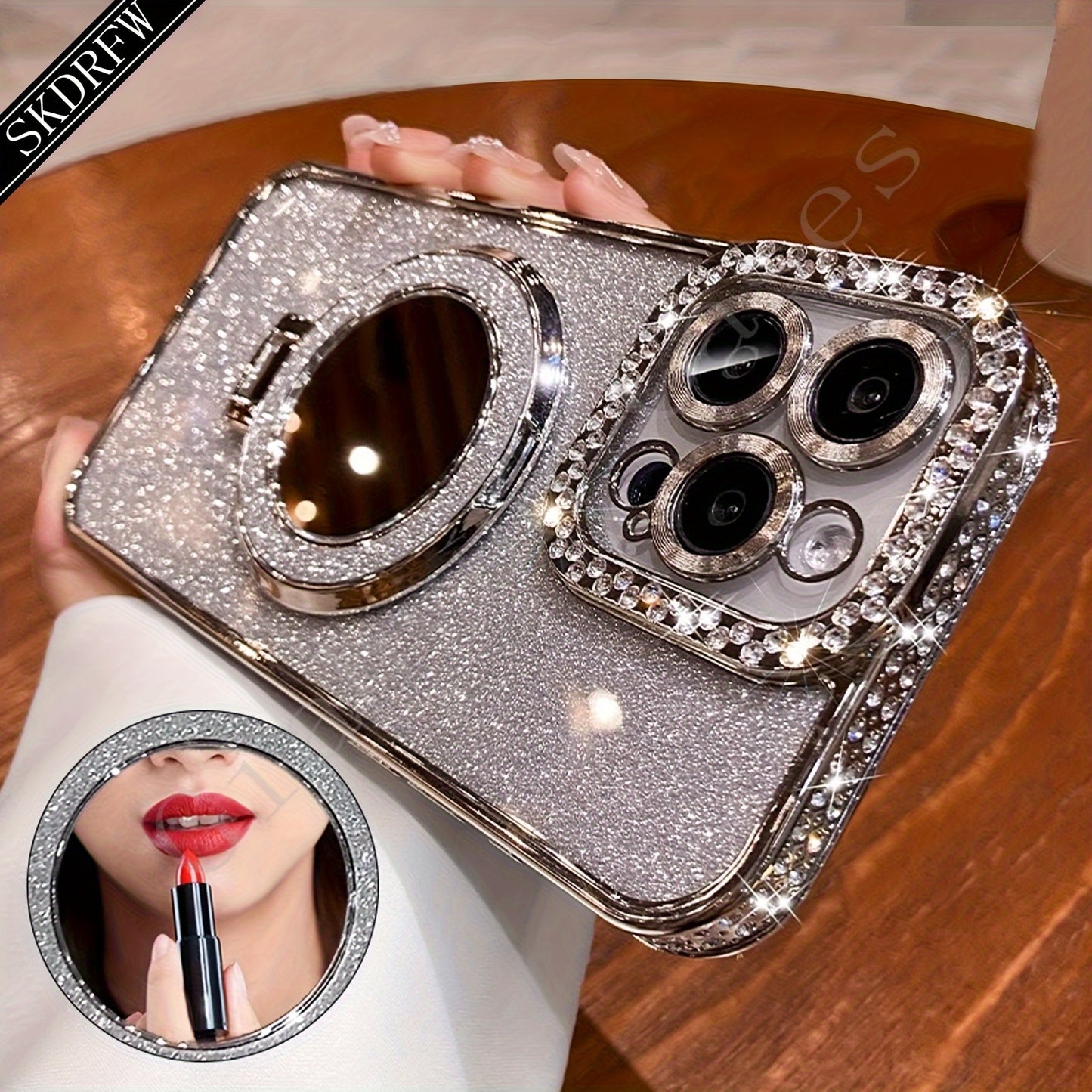 New Luxury High-Grade Glitter Double Row Diamond Mirror Magnetic Bracket All-Inclusive Lens Mobile Phone Case Suitable for Apple for Iphone 16 15 14 13 12 11 Pro Max / Niche Transparent Anti-Fall Soft Glue Protective Back Cov