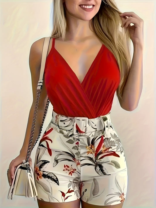 Casual Two-piece Set, Solid V Neck Cami Top & Floral Print Shorts Outfits, Women's Clothing