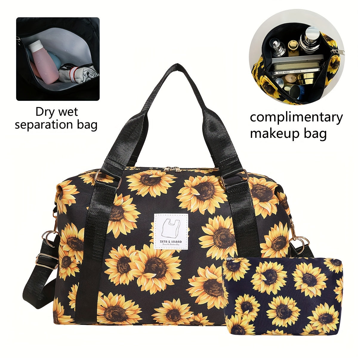 1pc/2pcs Sunflower Graphic Duffle Bag, Sports Fitness Gym Yoga Tote, Weekender Overnight Bag & Luggage Suitcase Organizer