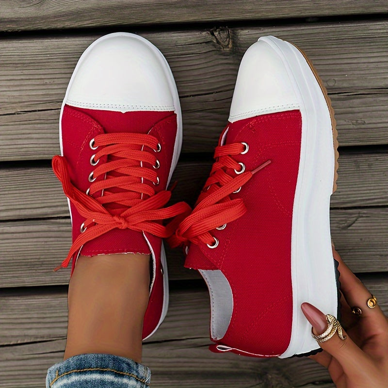 Women's Chunky Canvas Shoes, Non Slip Lace Up Casual Sneakers, Thick Sole Running Sports Shoes