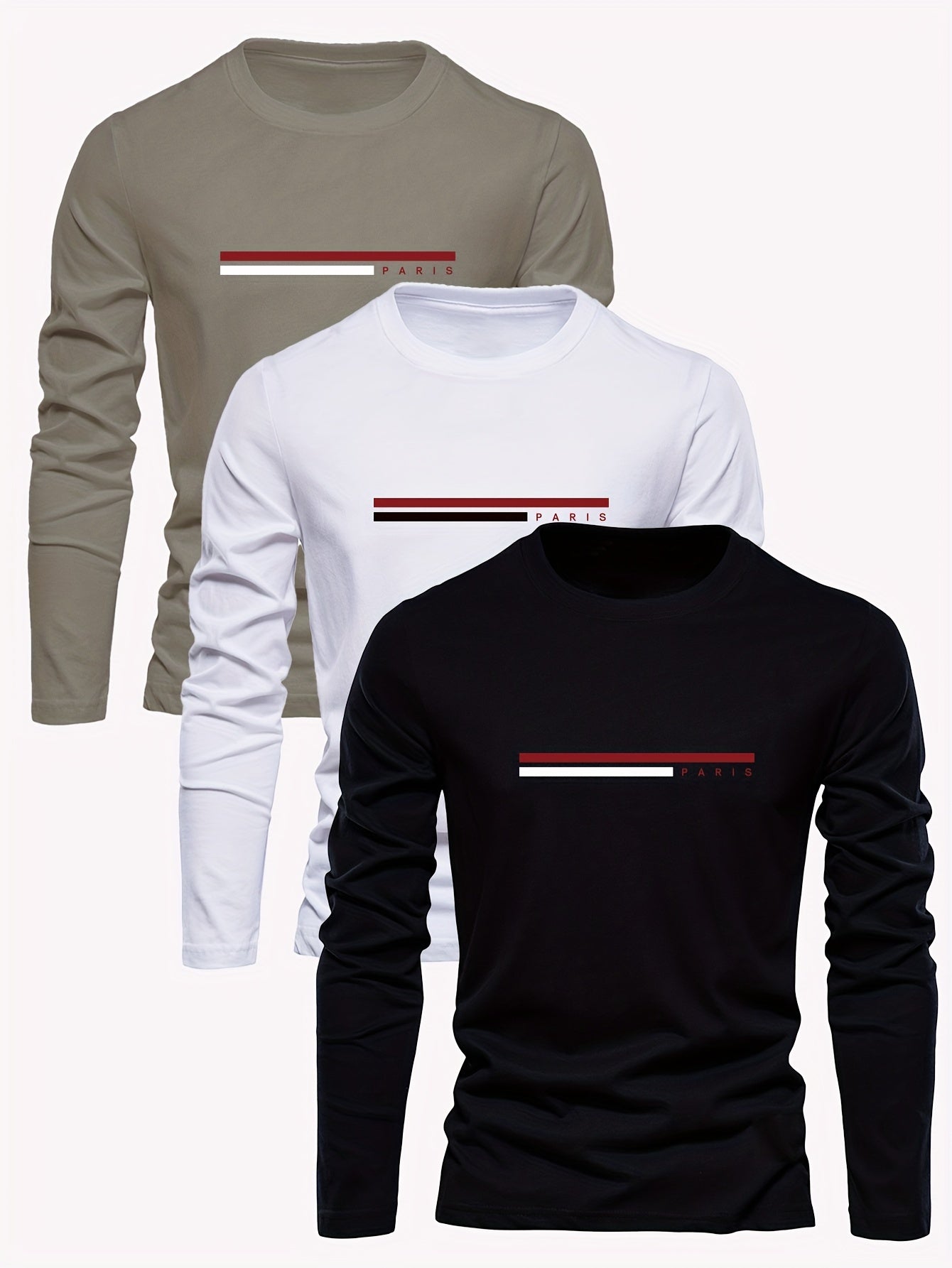 3pcs Men's 100% Cotton Long Sleeve T-Shirts - Breathable & Comfortable, Crew Neck with Stylish Print Design for Spring/Fall