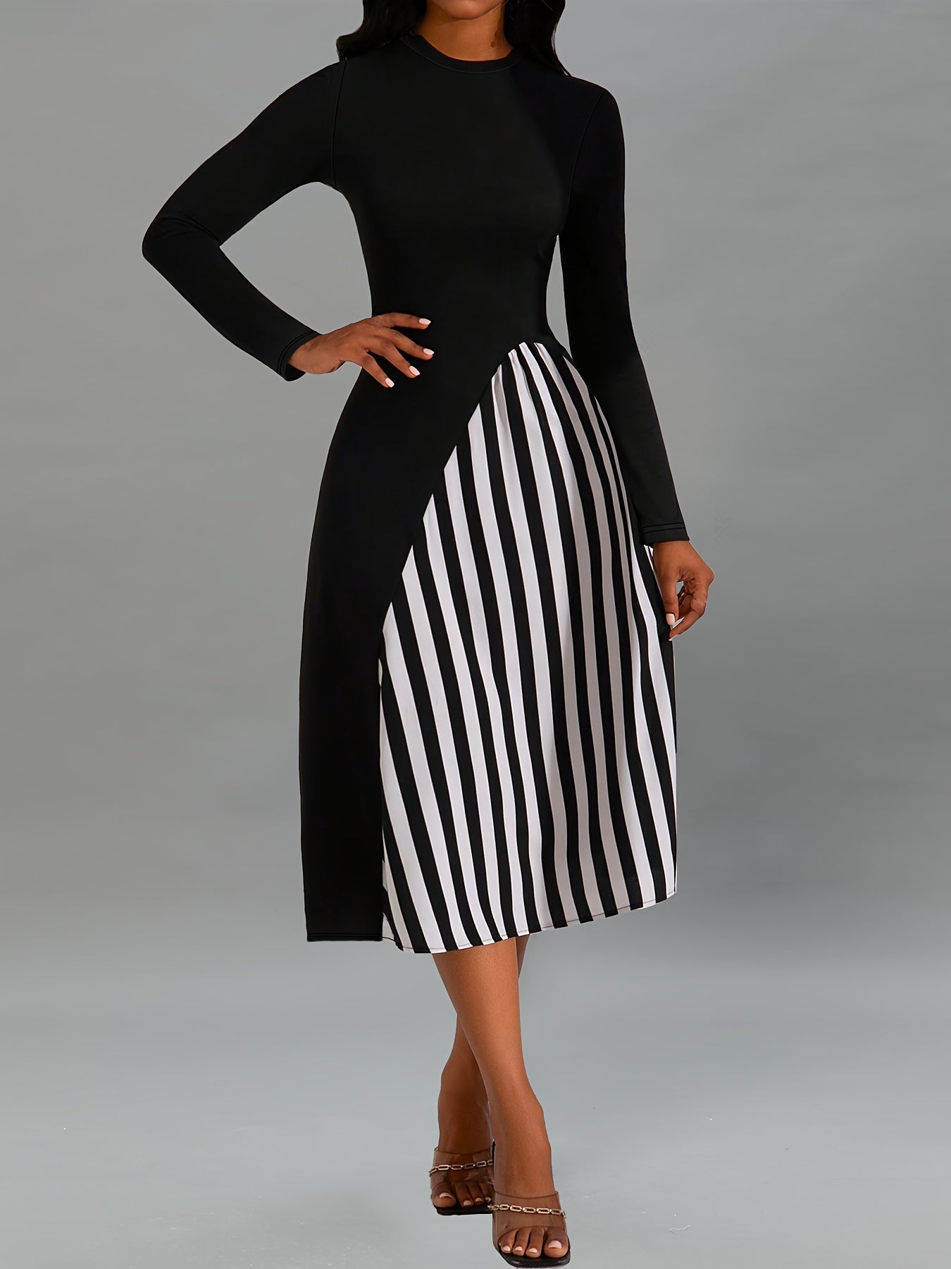 Striped Print Color Block Dress, Elegant Crew Neck Long Sleeve Dress, Women's Clothing