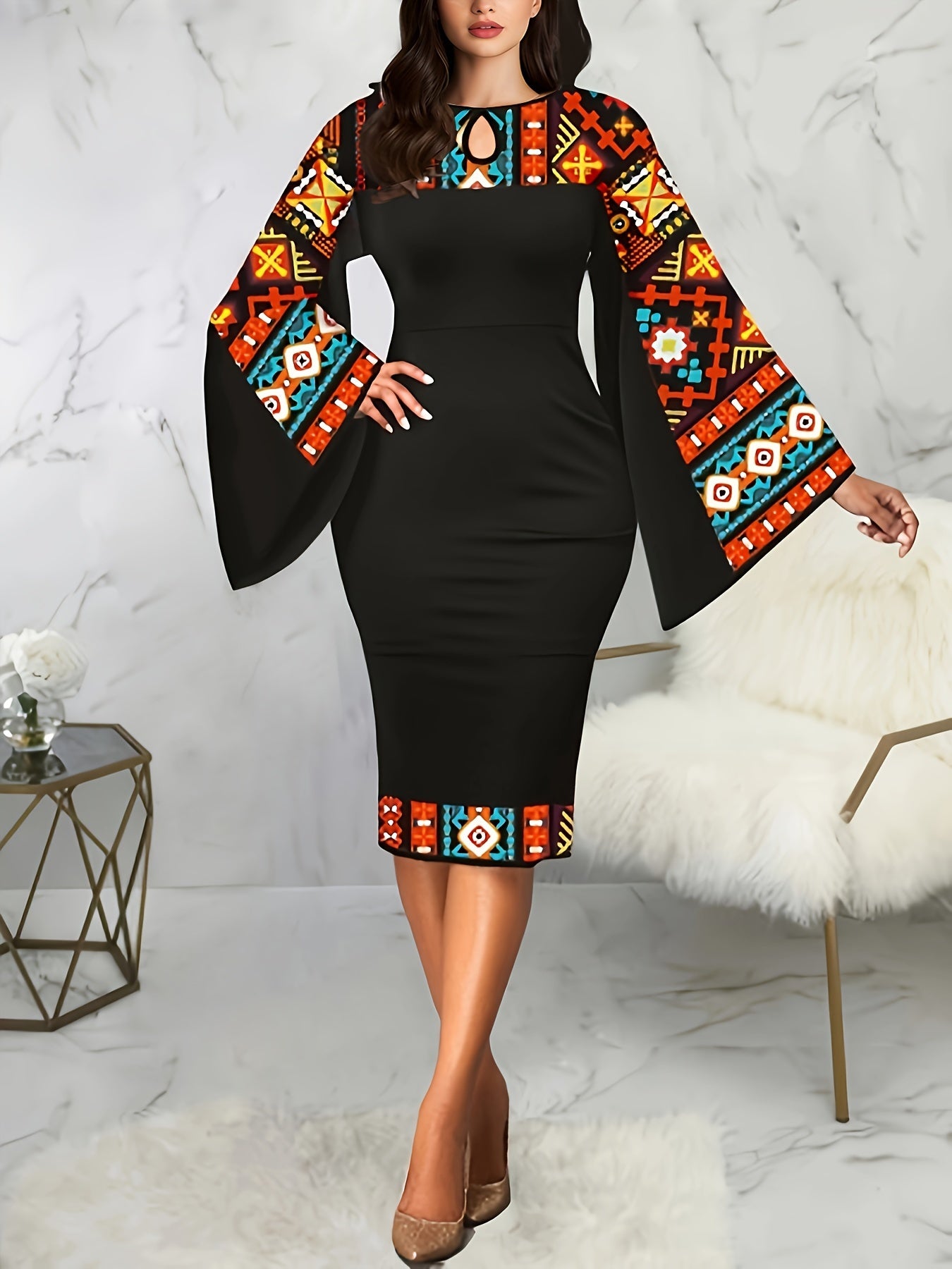 Ethnic Geo Print Color Block Dress, Elegant Flare Sleeve Bodycon Split Back Dress For Spring & Fall, Women's Clothing