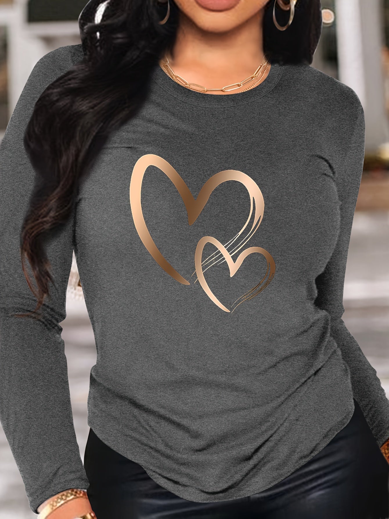 Women's Casual Heart Print Long Sleeve T-Shirt - Crew Neck, Soft Polyester, Machine Washable