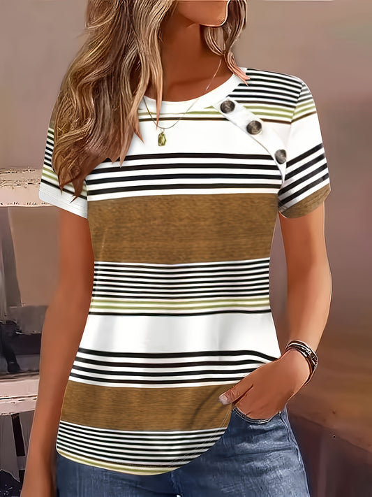 Striped Print Short Sleeve T-shirt, Casual Button Front Crew Neck Top For Spring & Summer, Women's Clothing