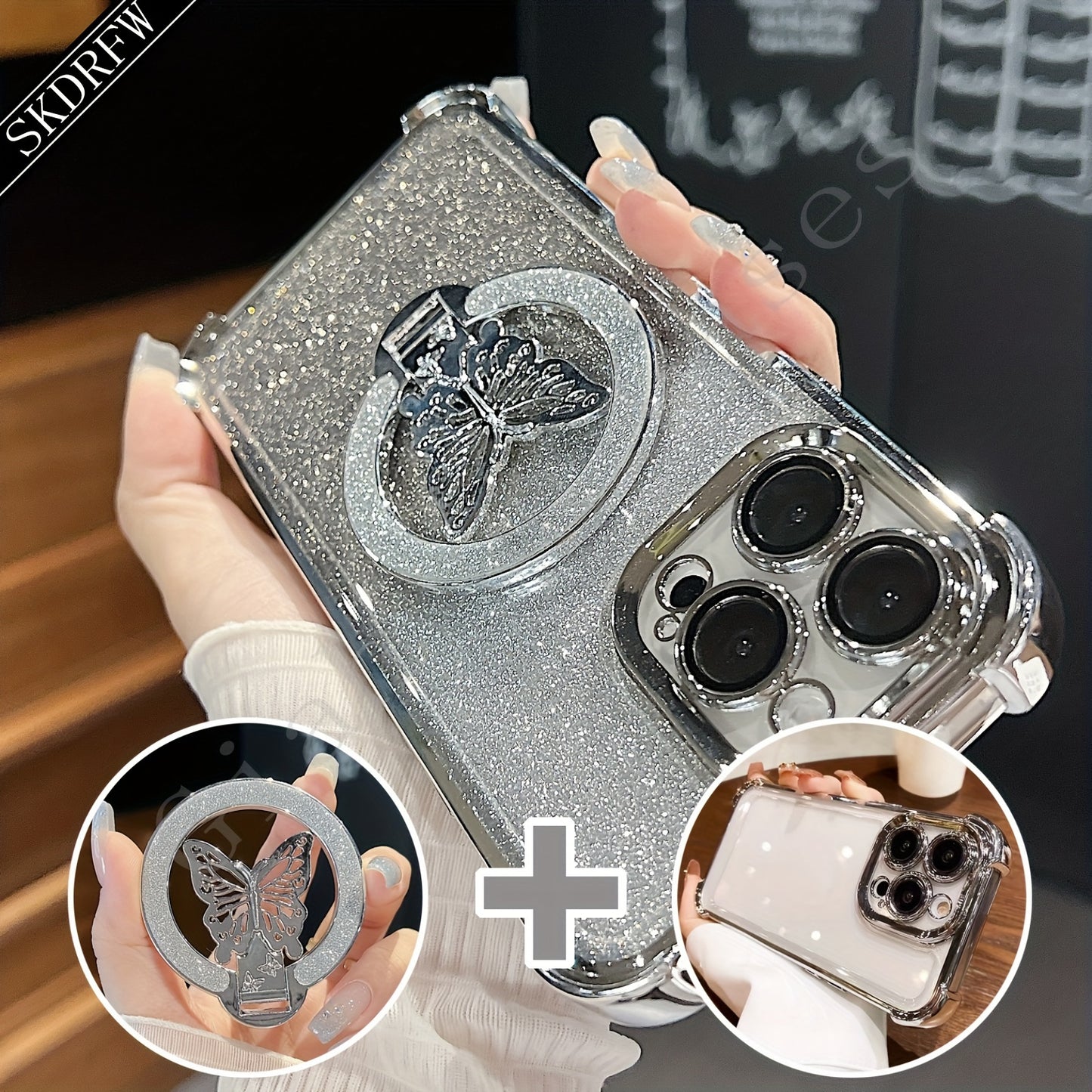 New Luxury Butterfly Glitter Bracket Super Strong Magnetic Ring with Lens Protection Film Transparent Electroplated Mobile Phone Case Suitable for Apple Mobile Phones for iPhone 16/16pro/16plus/16promax/15/15pro/15plus/15prom