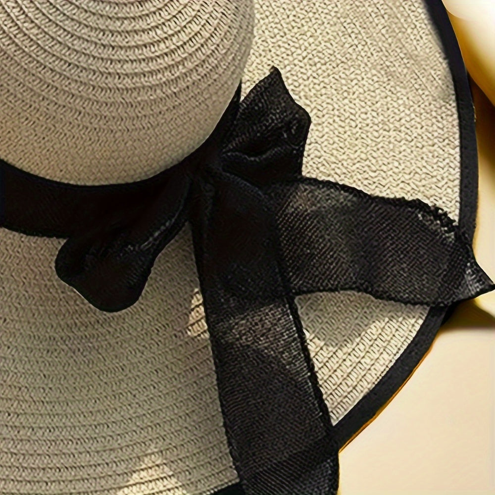 Elegant Wide Brim Straw Sun Hat with Bow - UV Protection, Breathable Summer Beach Cap for Women