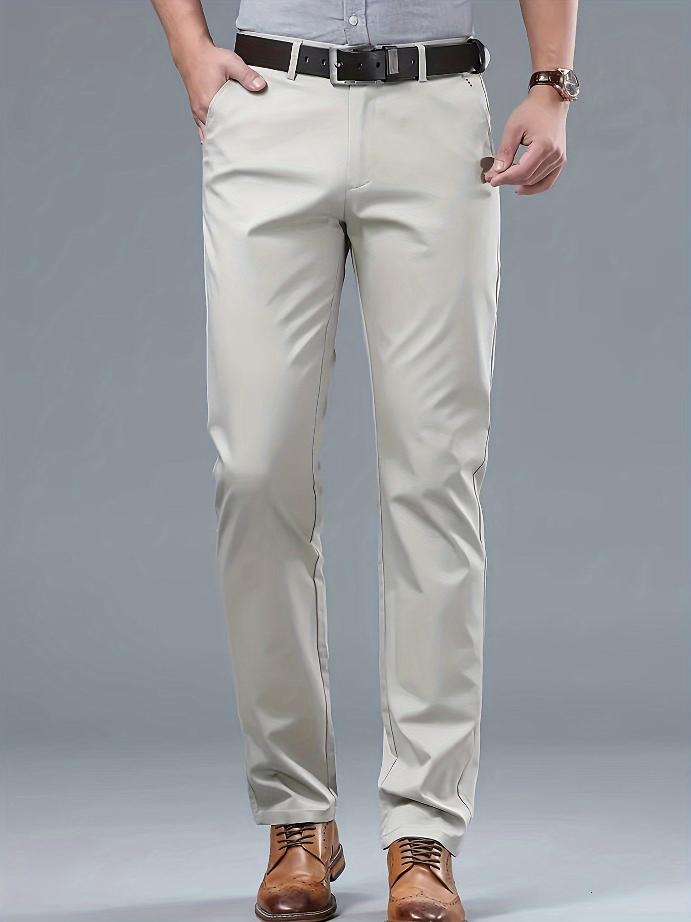 Men's Solid Color Slightly Stretch Formal Dress Pants For Business Office Occasions, All Seasons