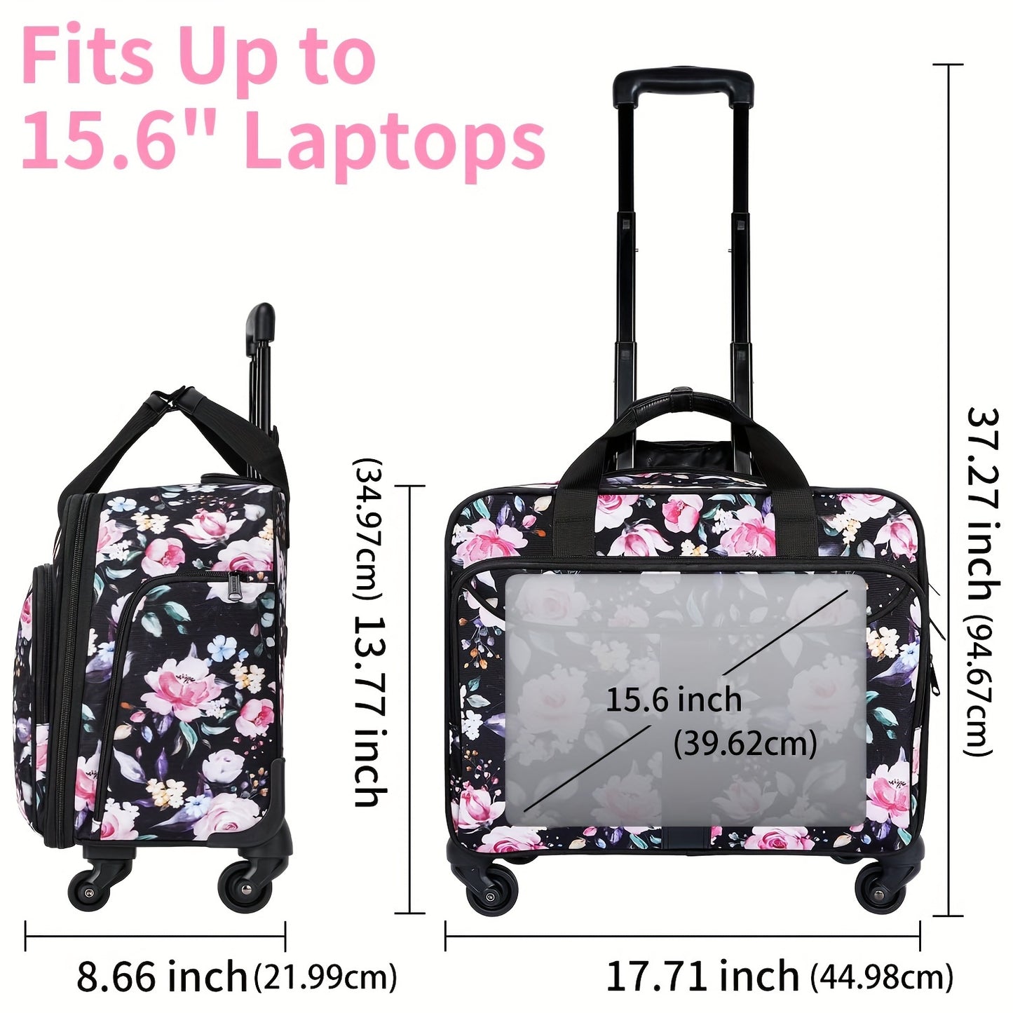 Rolling Briefcase For Women, 15.6 Inch Large Rolling Laptop Bag With 4 Spinner Wheels And Telescopic Handle, Water Resistant Stylish Overnight Computer Bag For Work/Travel/Business, Floral