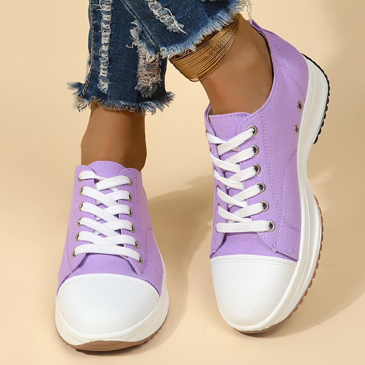 Women's Platform Canvas Sneakers, Casual Contrast Color Lace Up Sports Shoes, Versatile Outdoor Walking Trainers