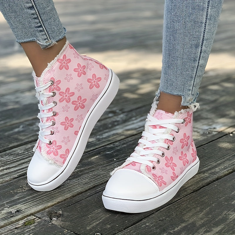 Women's High Top Canvas Shoes, Floral Printed Round Toe Lace Up Sneakers, Casual Flat Skate Shoes