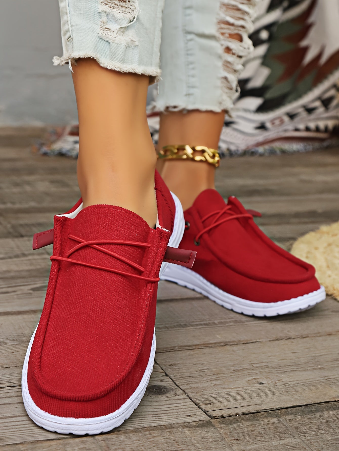 Women's Casual Slip-On Sneakers, Round Toe Lace-up Flats, Breathable Canvas Shoes With Rubber Sole, Lightweight Comfort Walking Shoes, Large Size - Red