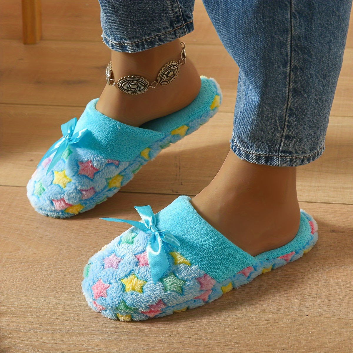 Bowknot Decor Fuzzy Slippers, Stars Print Soft Sole Closed Toe Plush Lined Shoes, Indoor Non-slip Home Warm Shoes