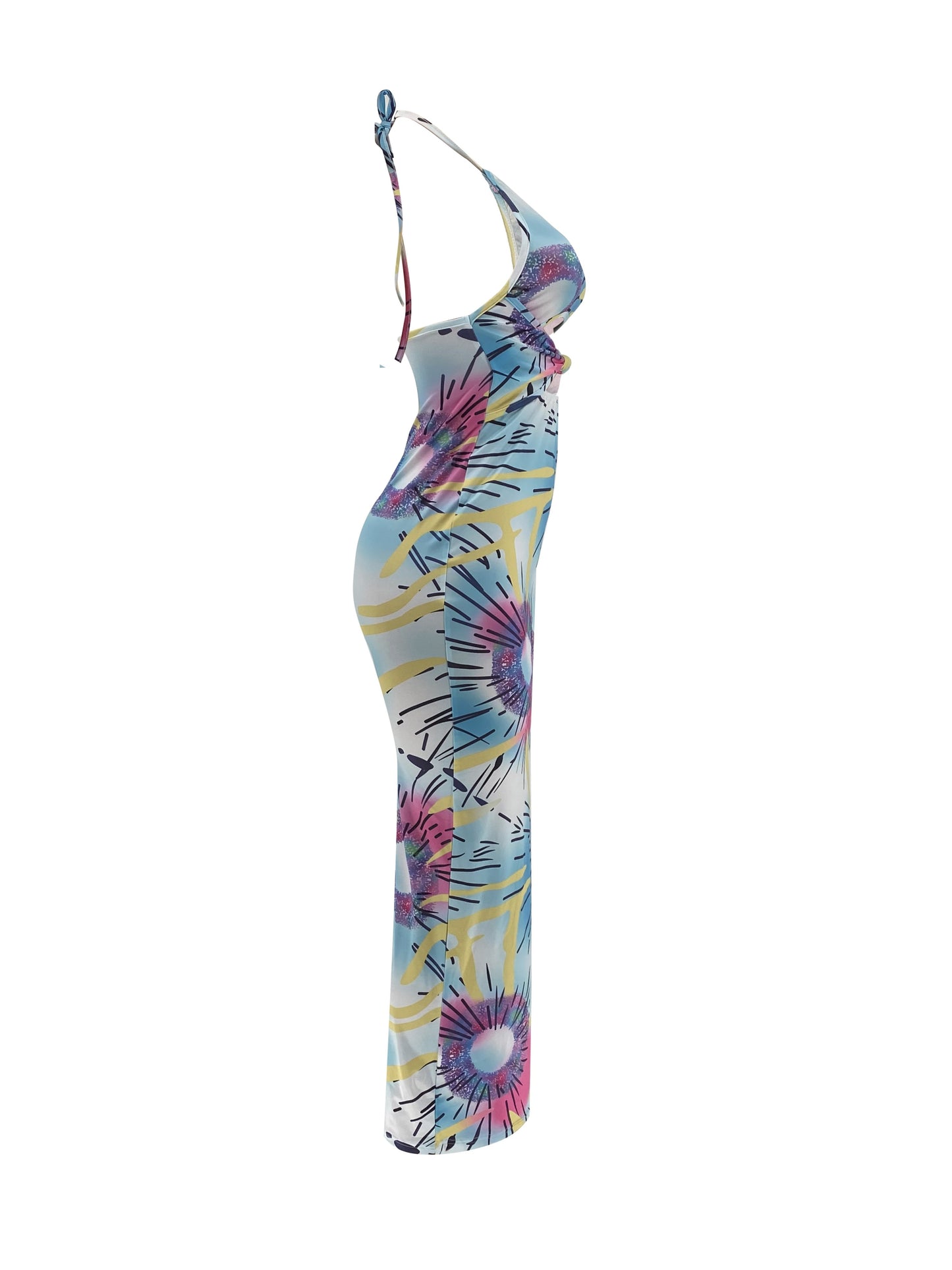 Tie Dye Backless Halter Bodycon Dress, Casual Sleeveless Tie Strap Dress, Women's Clothing