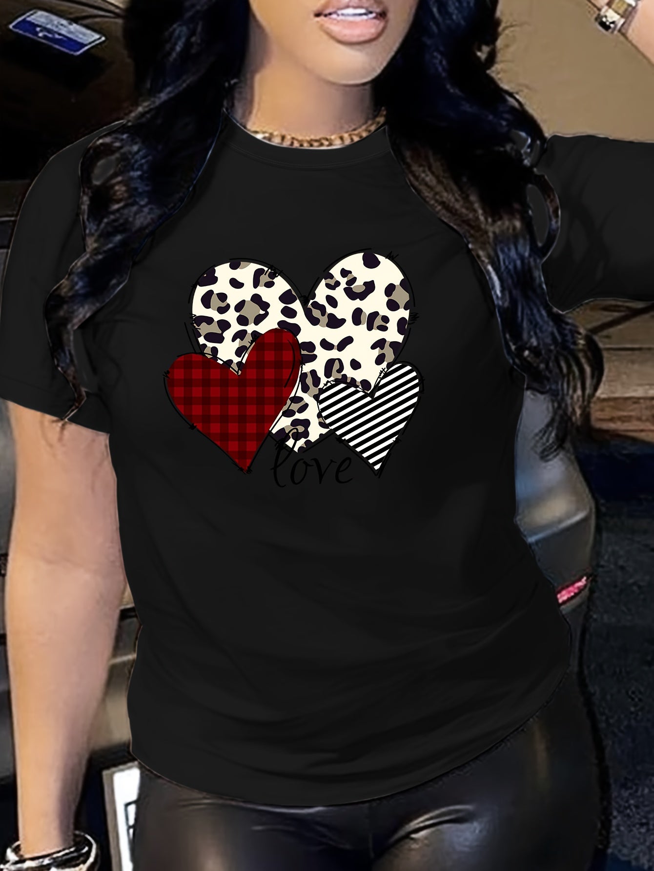 Heart & Love Print Summer T-shirt, Versatile Short Sleeve Crew Neck Top, Women's Clothing