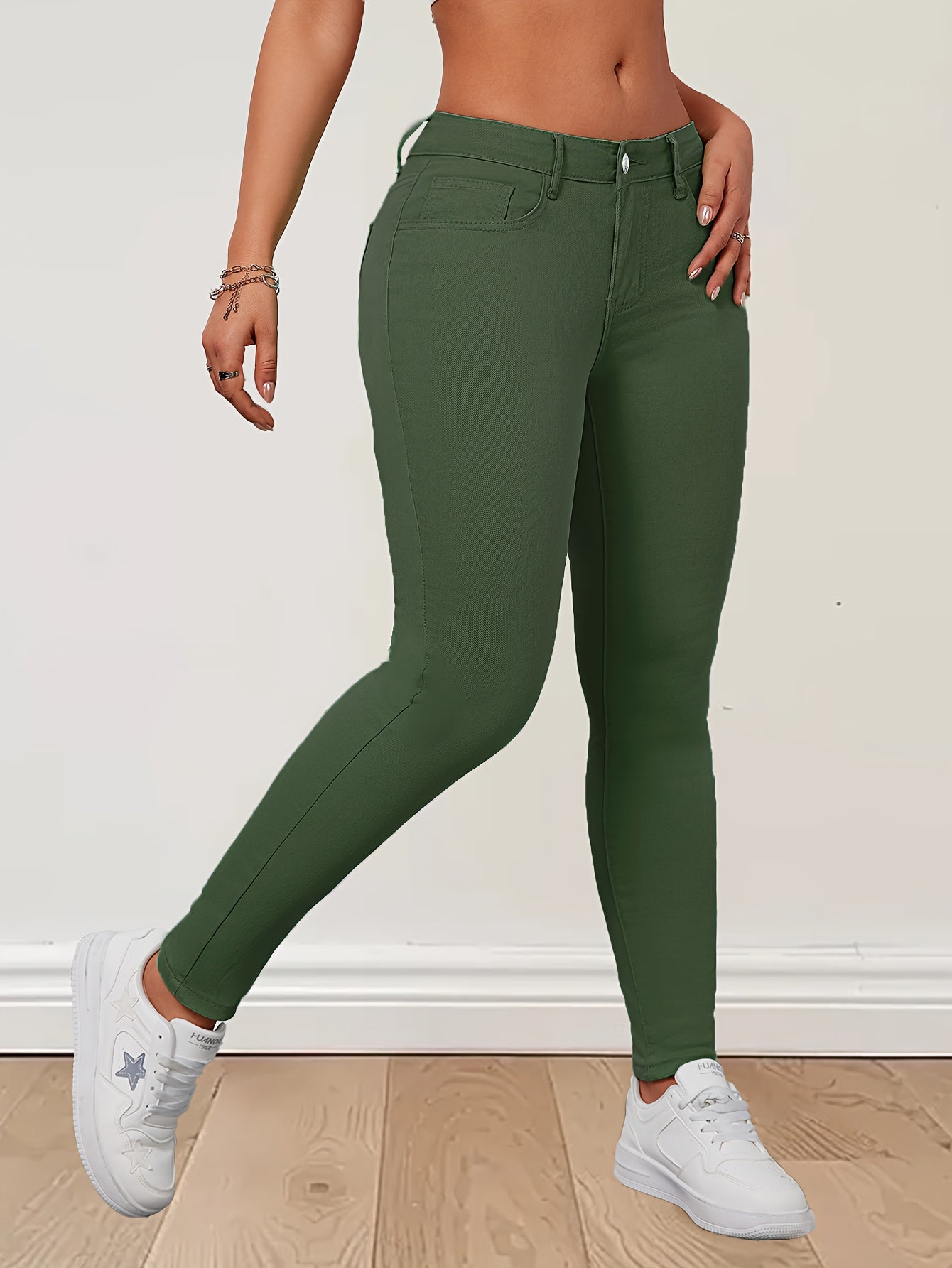 Army Green High-Waist Stretchy Skinny Pants for Women - Cotton Spandex Blend, Elegant Slim Fit with Button Detail, Non-Transparent, Long Length, Available in XS to XXL, Machine Washable