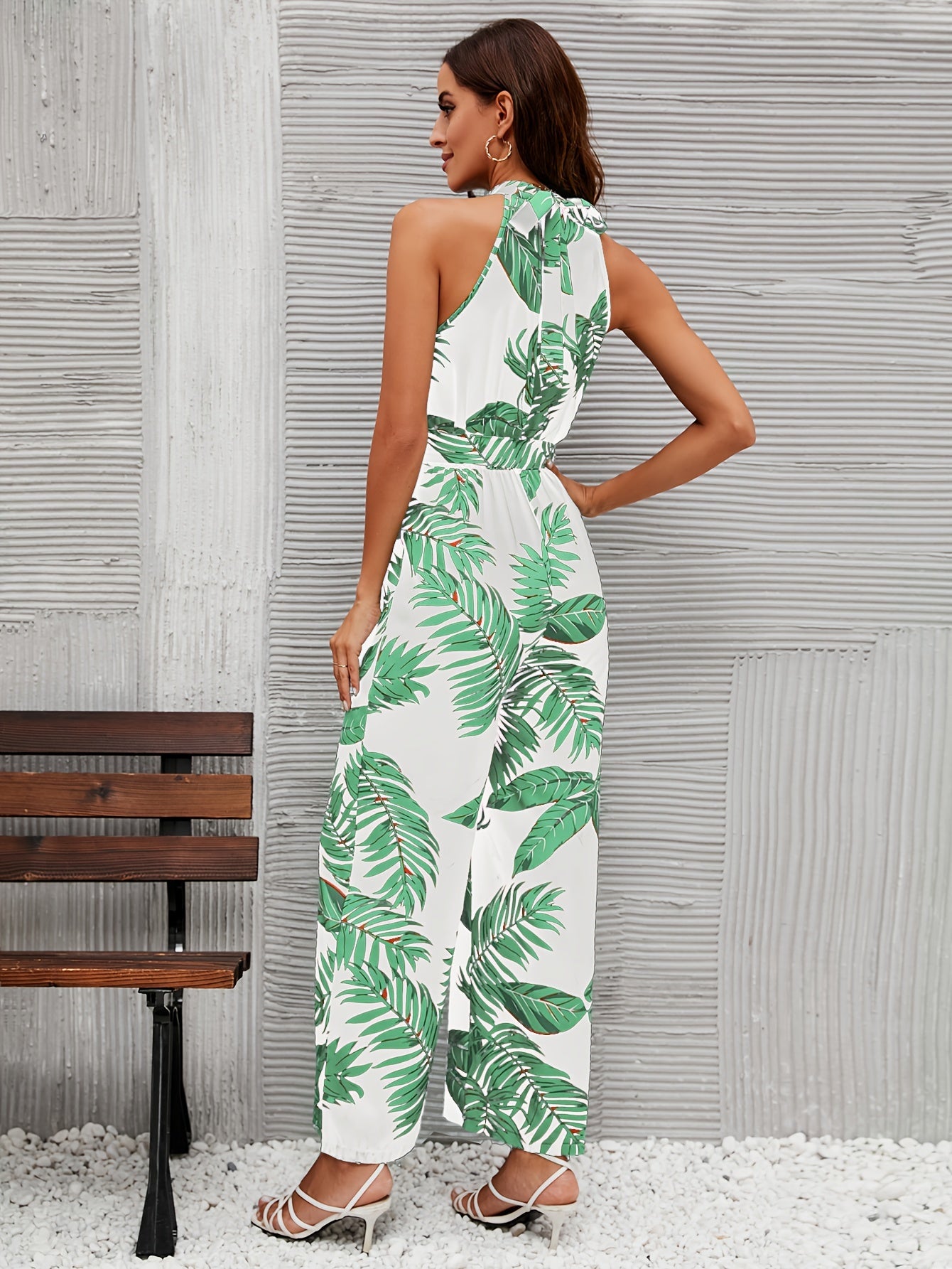 Casual Tropical Print Sleeveless Jumpsuit, Boho Tie Back Wide Leg Jumpsuit, Women's Clothing