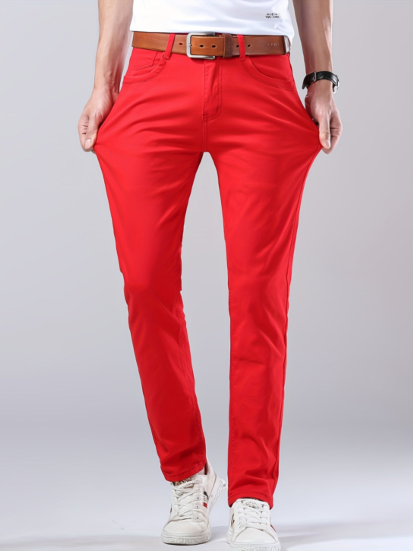 Men's Classic Red Casual Straight-Leg Pants - Stretch Cotton Blend, All-Season Business Dress Trousers