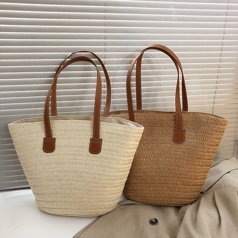 Woven Straw Tote Bag, Portable Double Handle Stylish Handbag, Zipper Braided Straw Slouchy French Style Beach Bag