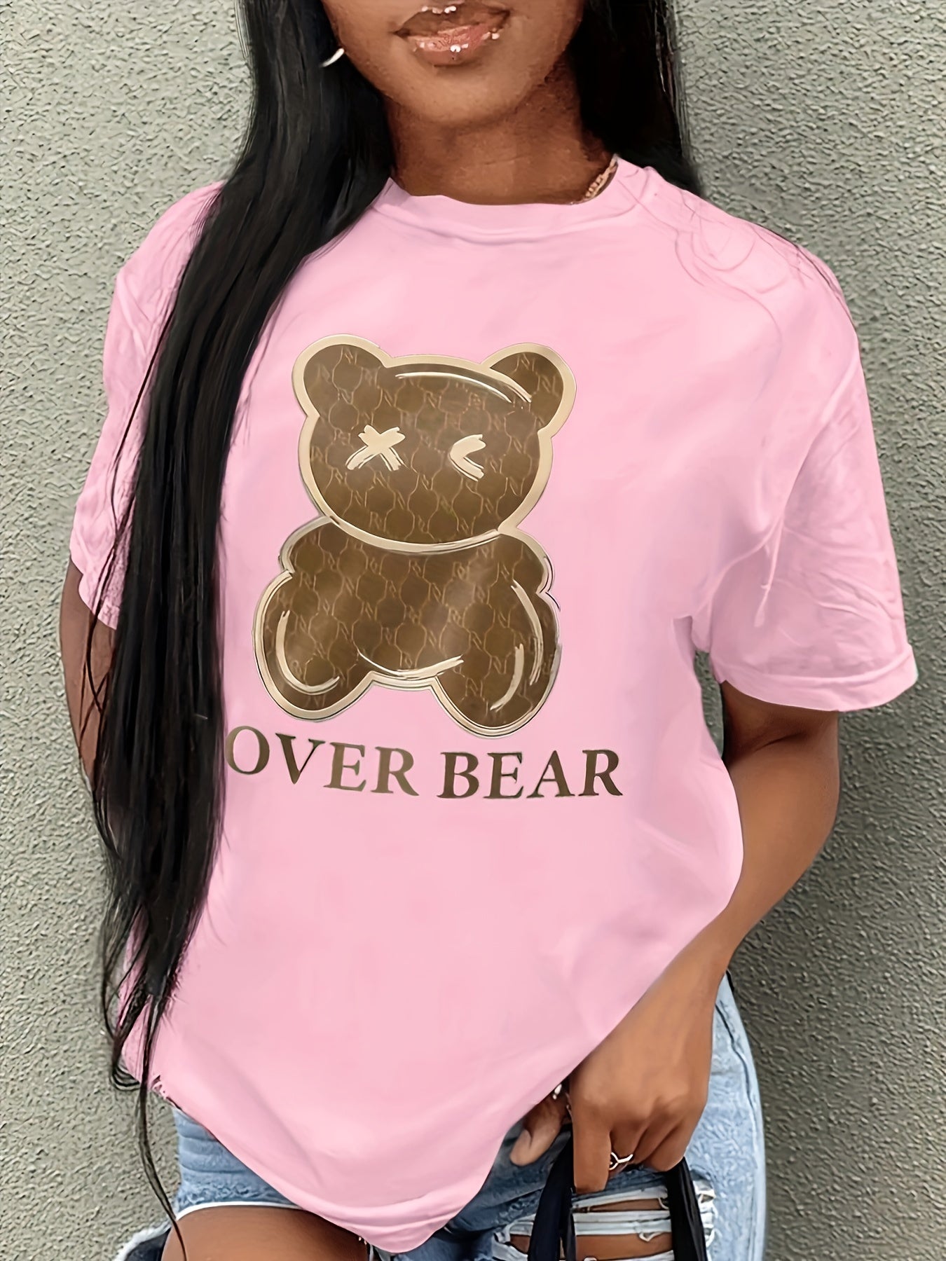 Lover Bear Print T-Shirt, Short Sleeve Crew Neck Casual Top For Summer & Spring, Women's Clothing