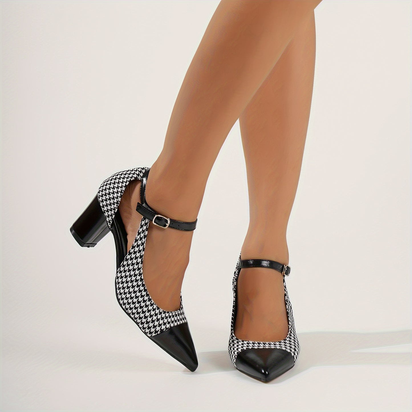 Women's Pointed Toe Pumps, Fashion Houndstooth D'Orsay Heels With Ankle Strap, Chic Contrast Color Block Heels