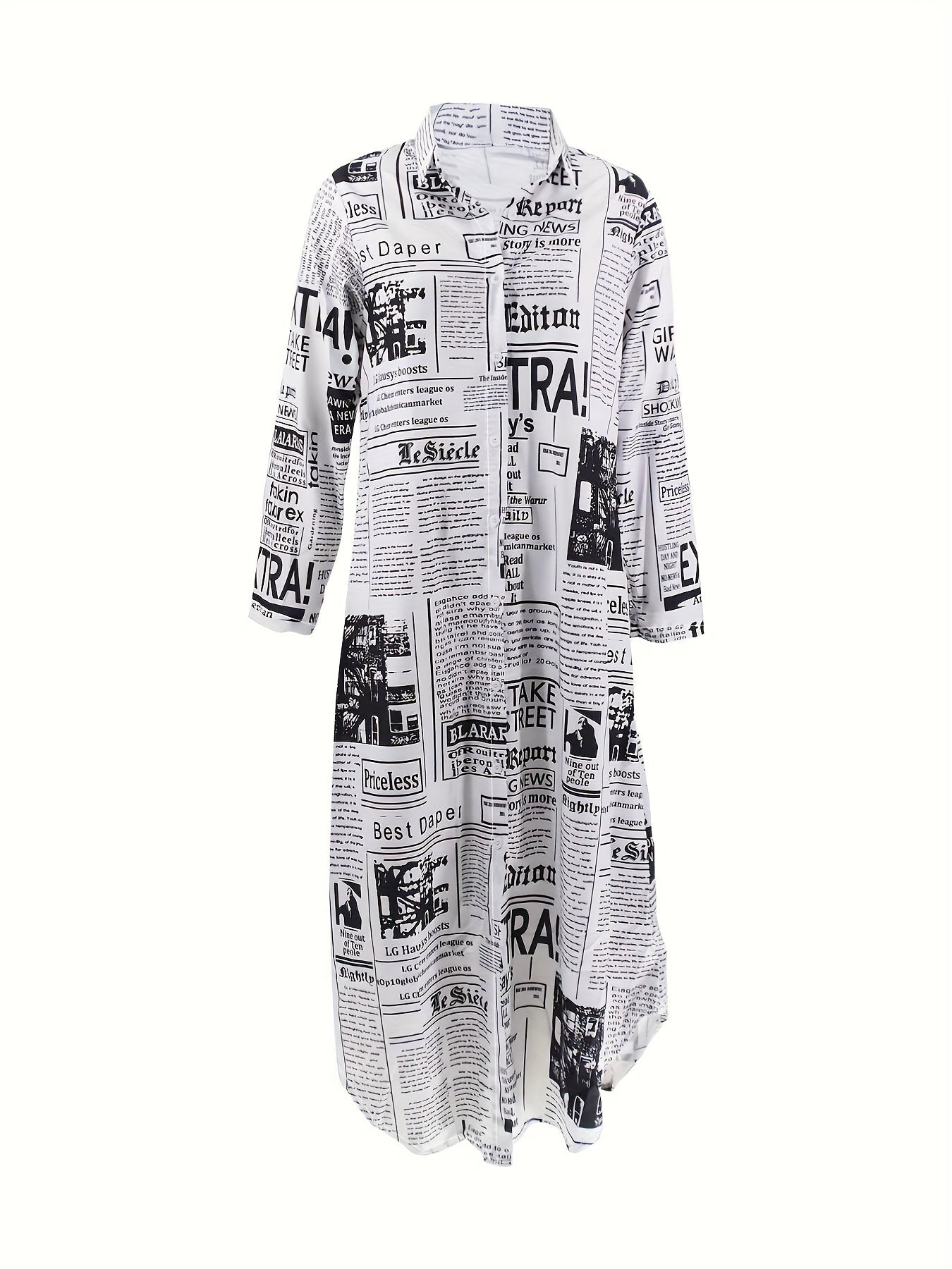 Newspaper Print Shirt Dress, Casual Button Front Long Sleeve Dress, Women's Clothing