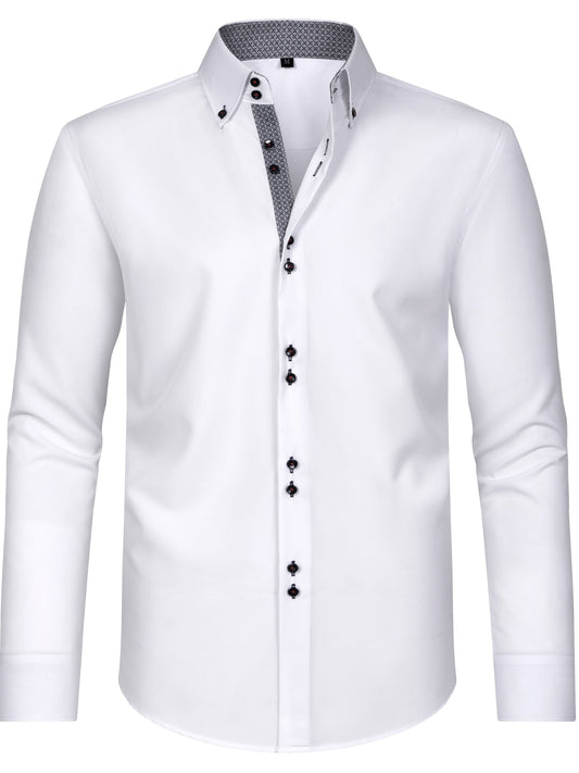 Men's Solid Color Lapel Collar Design Dress Shirts, Long Sleeve Casual Button Down Shirt For Formal Occasions