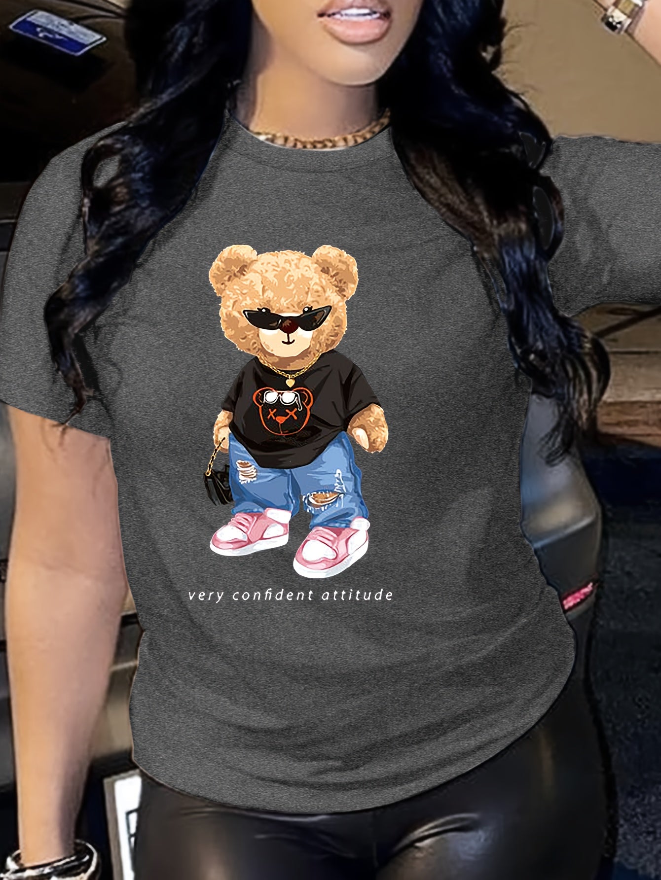 Cartoon Bear Print T-shirt, Short Sleeve Crew Neck Casual Top For Summer & Spring, Women's Clothing