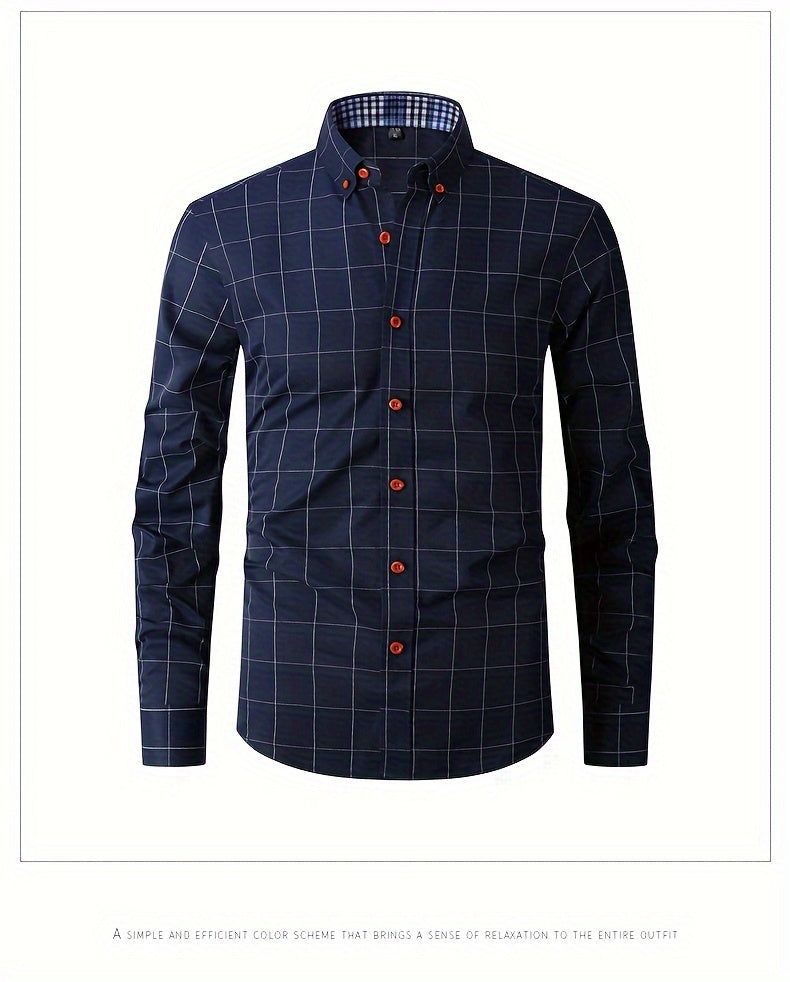 Men's Plaid Design Dress Shirts, Long Sleeve Casual Button Down Shirt For Formal Occasions