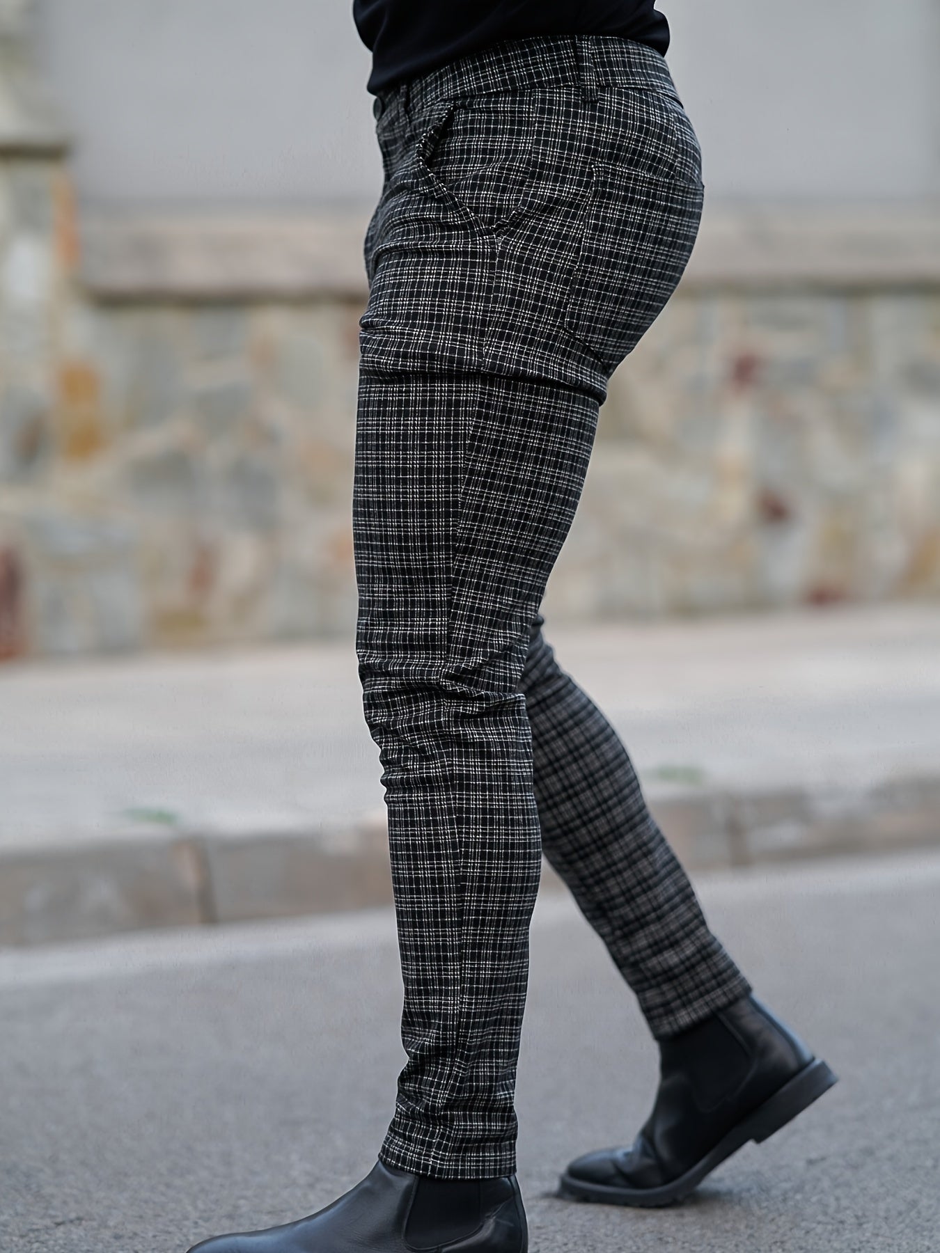 Elegant Men's Slim Fit Deep Grey Plaid Dress Pants For Business