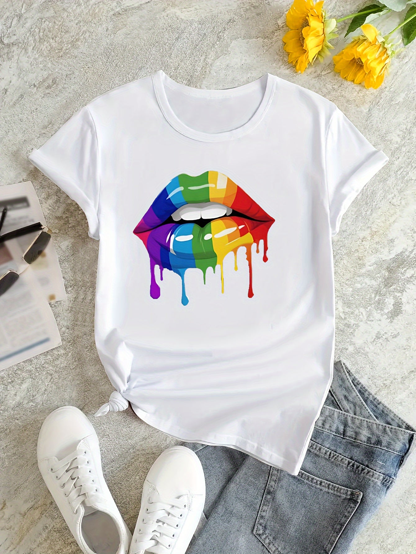 Colorful Lip Print T-shirt, Short Sleeve Crew Neck Casual Top For Summer & Spring, Women's Clothing