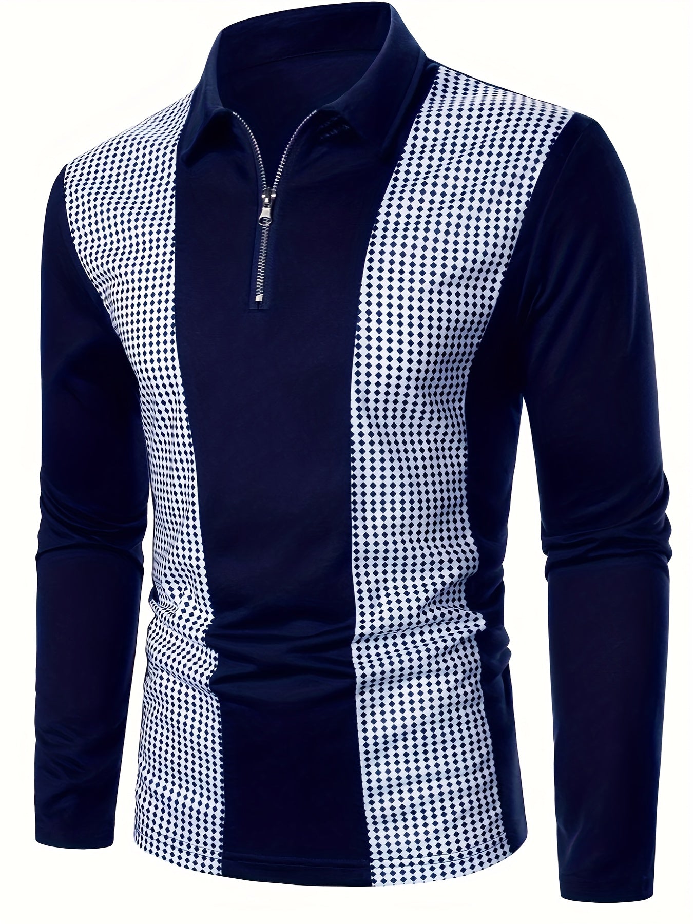 Polka Dot Print Men's Color Block Casual Long Sleeve Lapel Shirt, Spring Fall