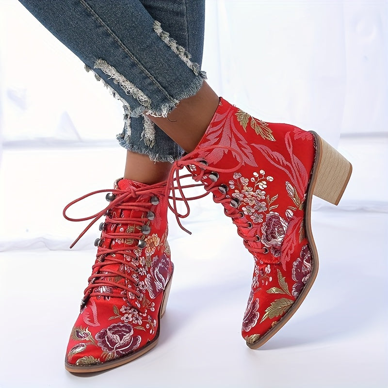 Women's Floral Embroidered Chunky Heel Boots, Fashion Point Toe Lace Up Boots, Comfortable Cowboy Boots