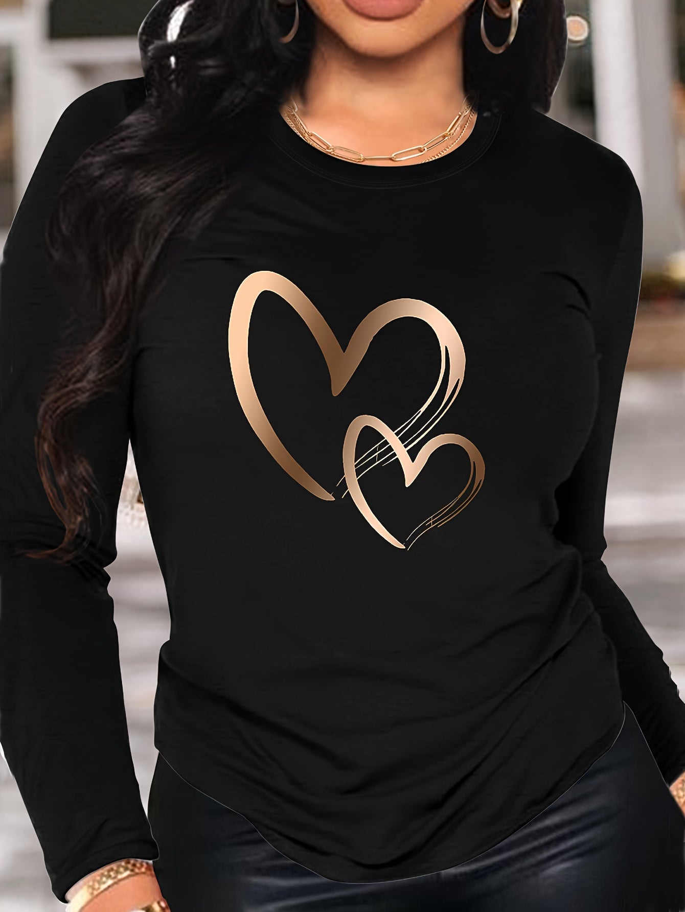 Women's Casual Heart Print Long Sleeve T-Shirt - Crew Neck, Soft Polyester, Machine Washable