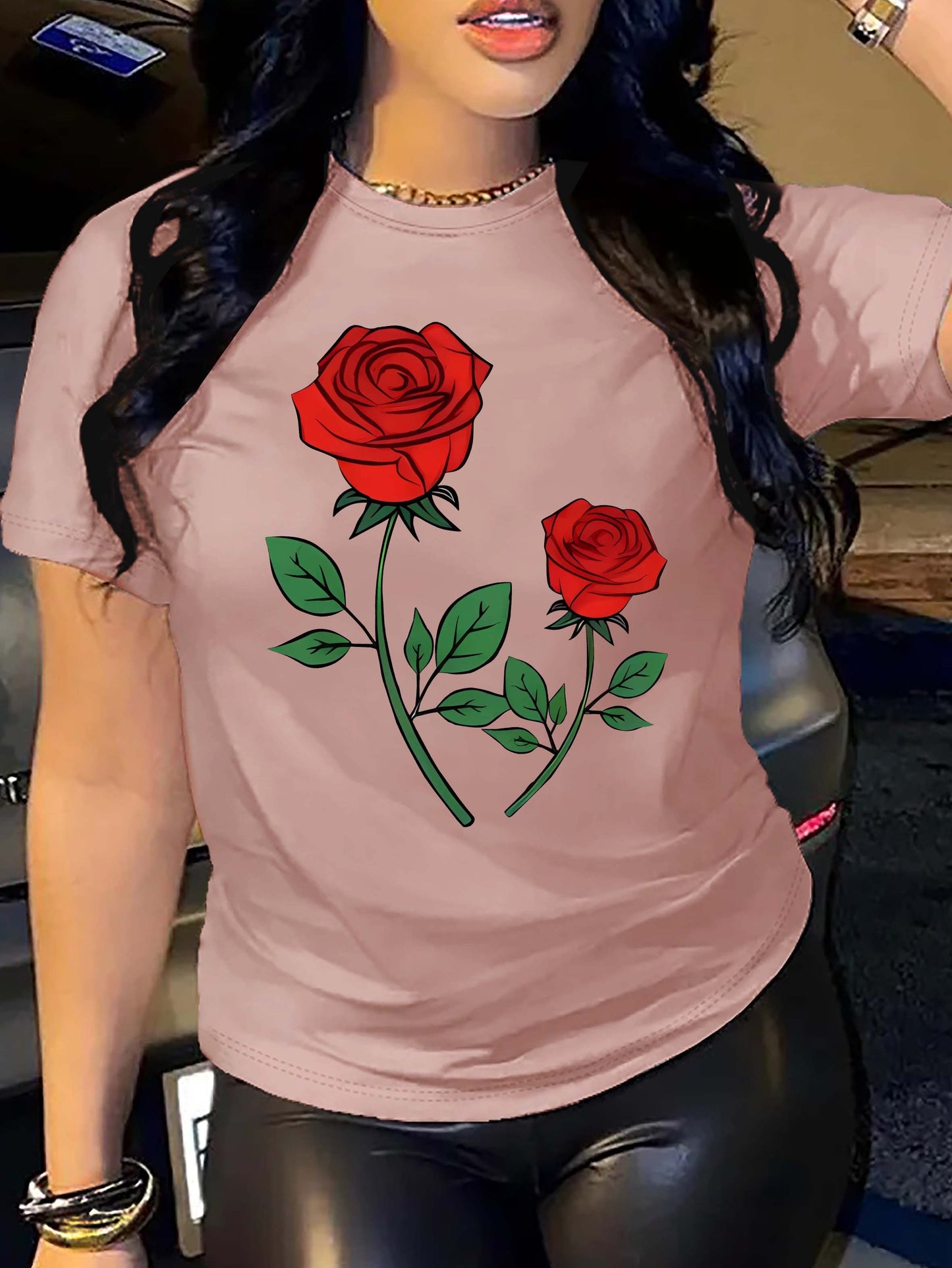 Rose Print Crew Neck T-Shirt, Casual Short Sleeve Top For Spring & Summer, Women's Clothing