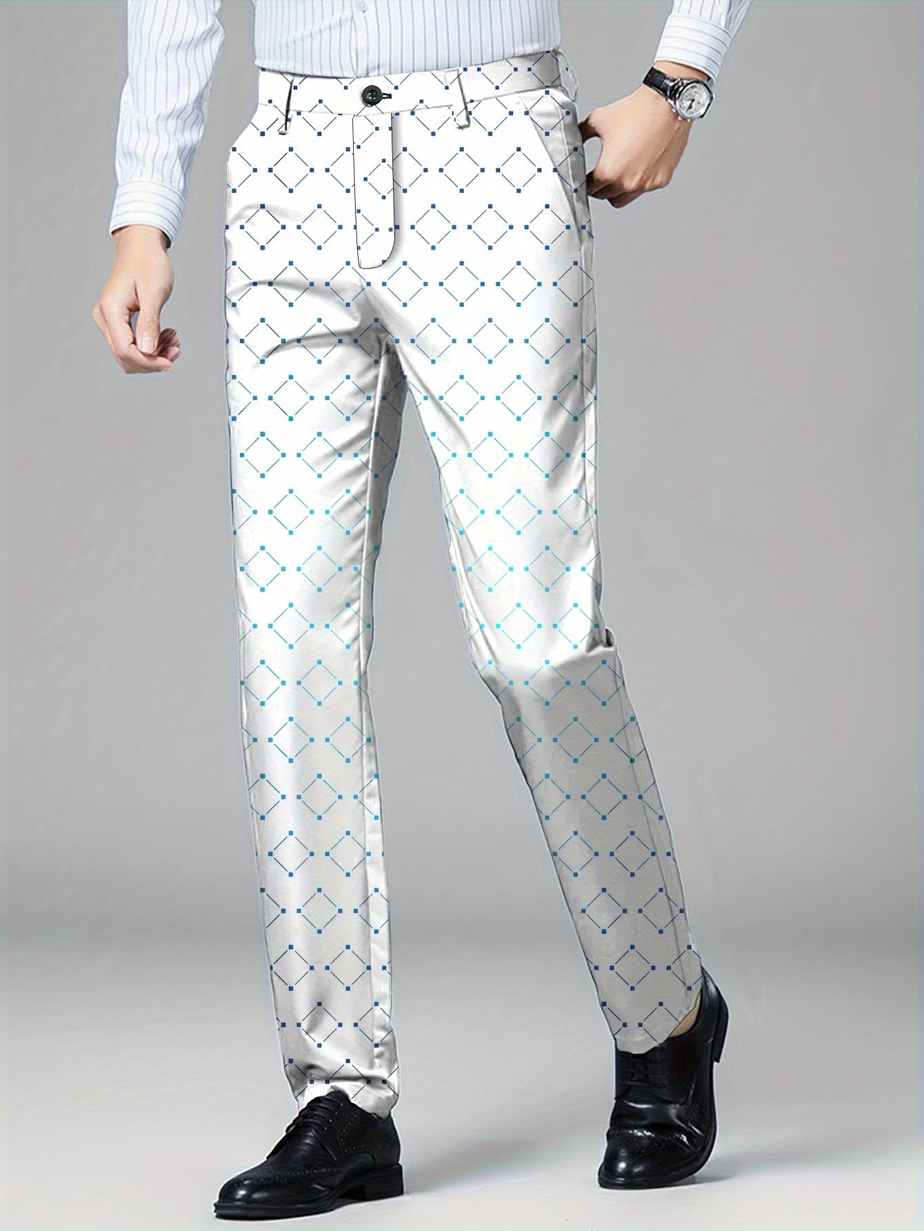 Men's Argyle Graphic Print Suit Pants With Pockets, Dress Pants For Party Wedding Outdoor