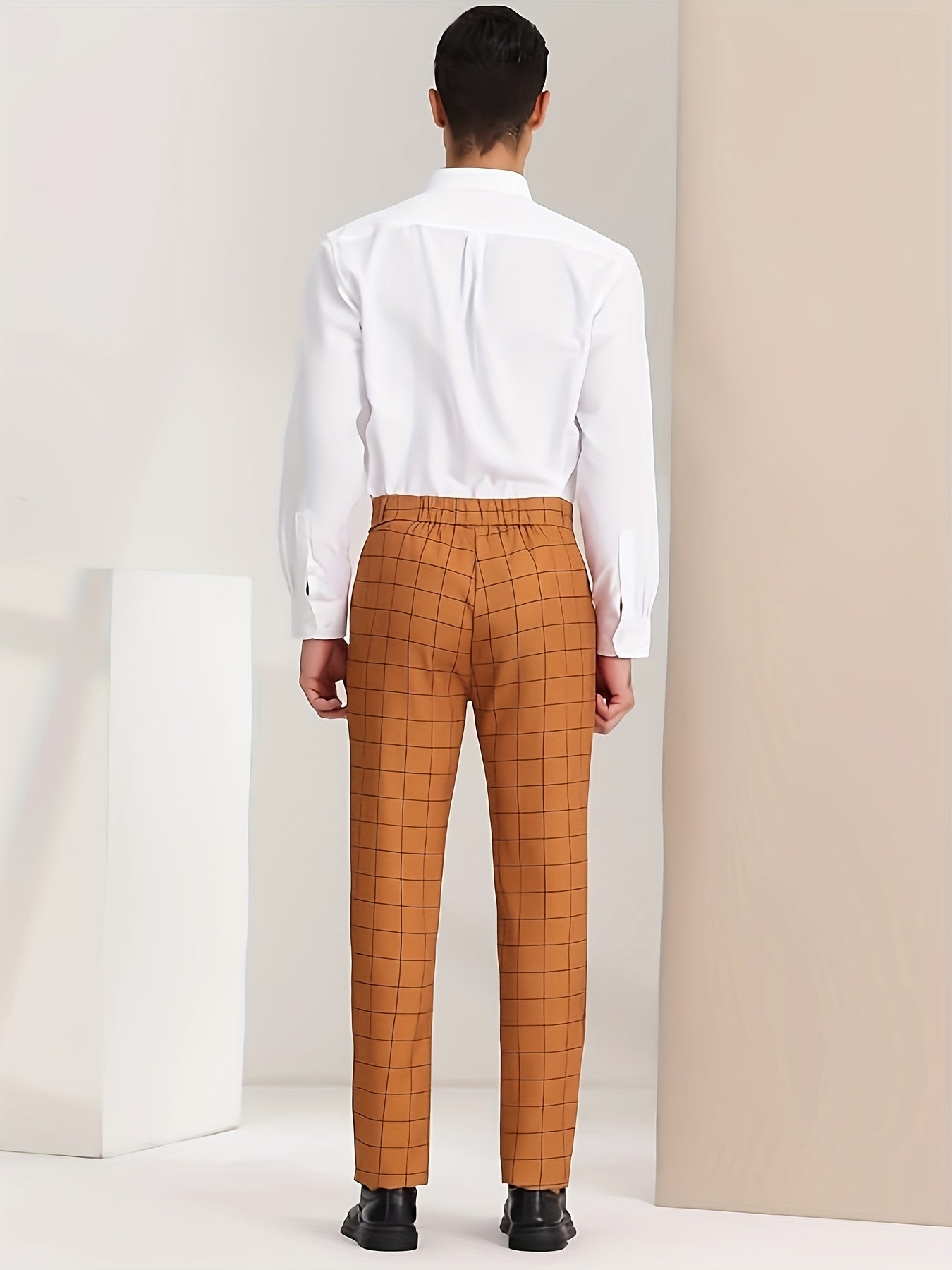 Classic Plaid Design Dress Pants, Men's Formal Slightly Stretch Dress Pants For Business Occasions