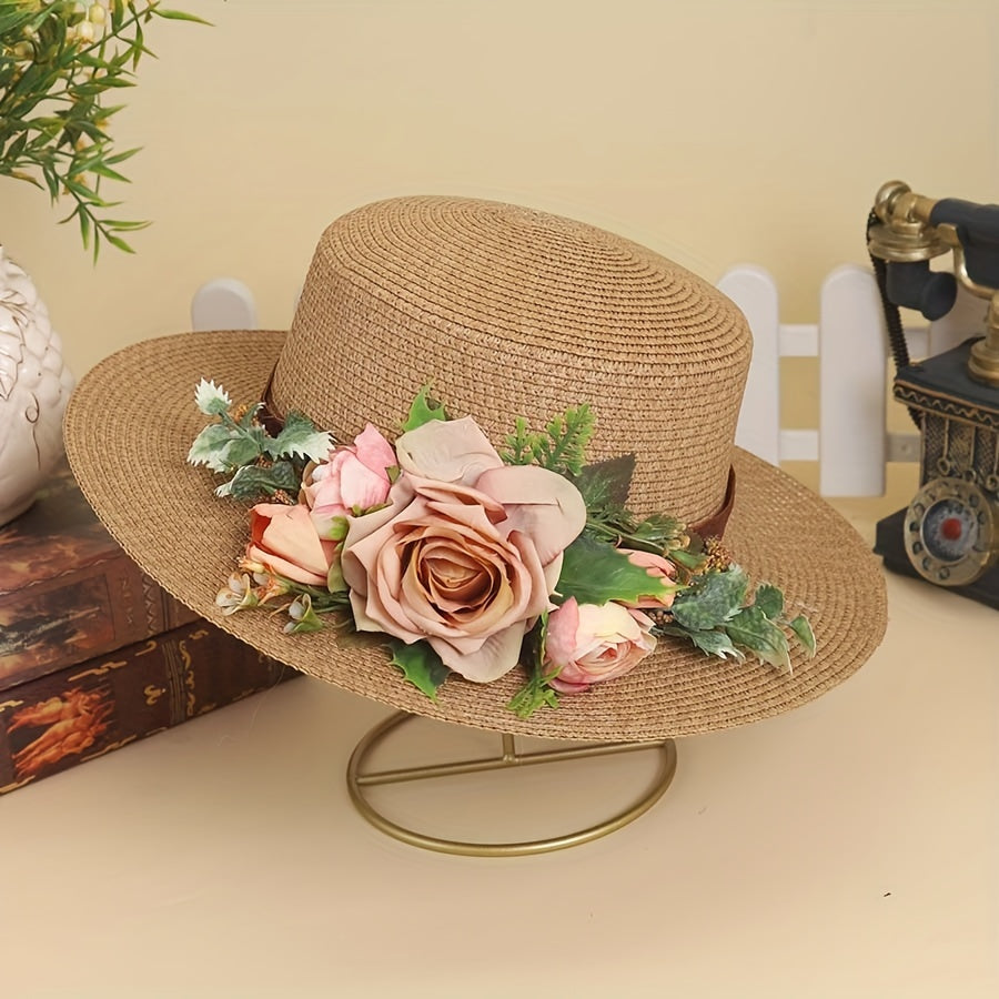 Handmade Flower Straw Hat Solid Color Elegant Beach Sunscreen Hat Small Top Hats Easter For Women