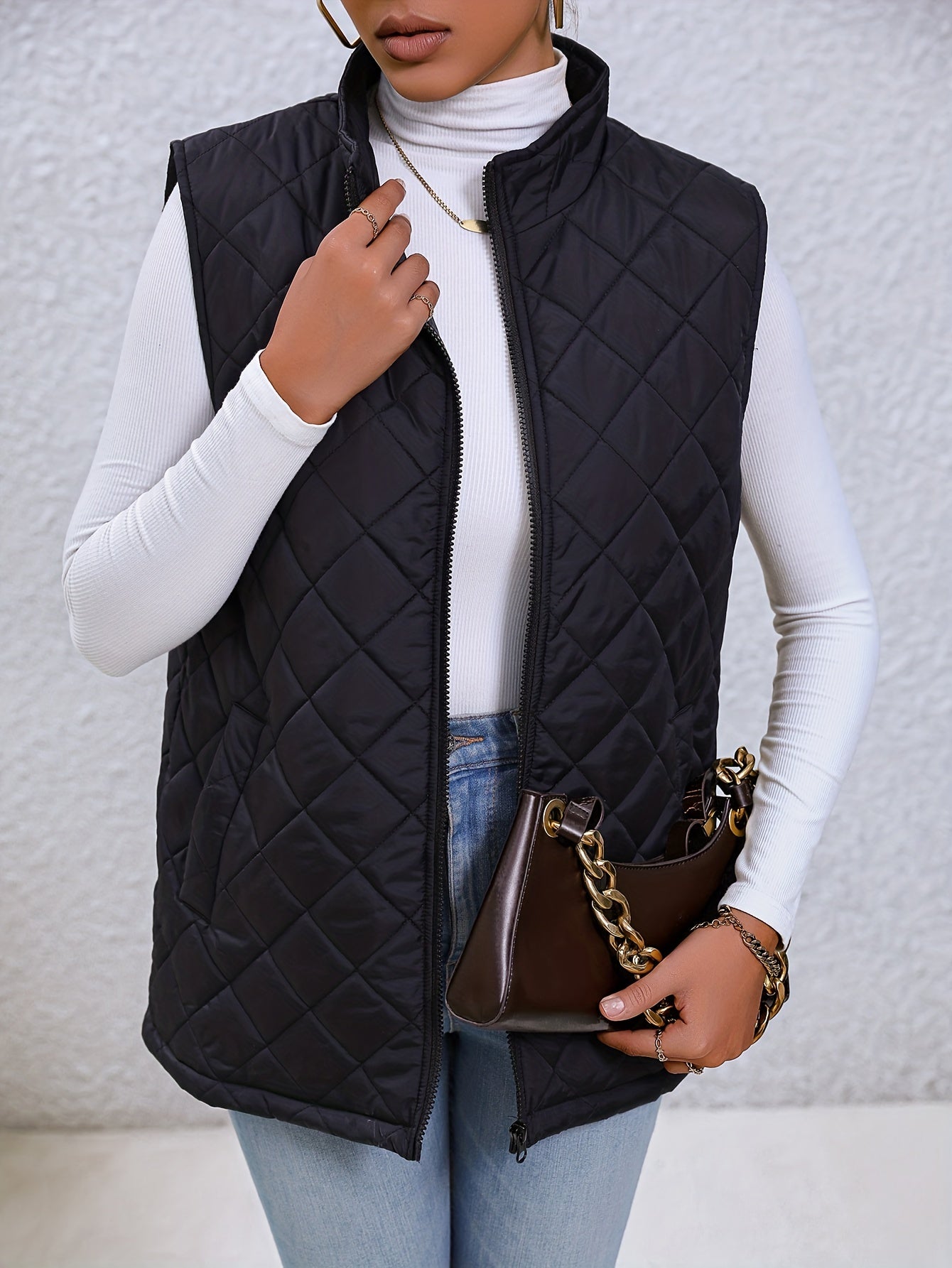 Argyle High Neck Sleeveless Vest, Casual Zip Up Versatile Outerwear, Women's Clothing