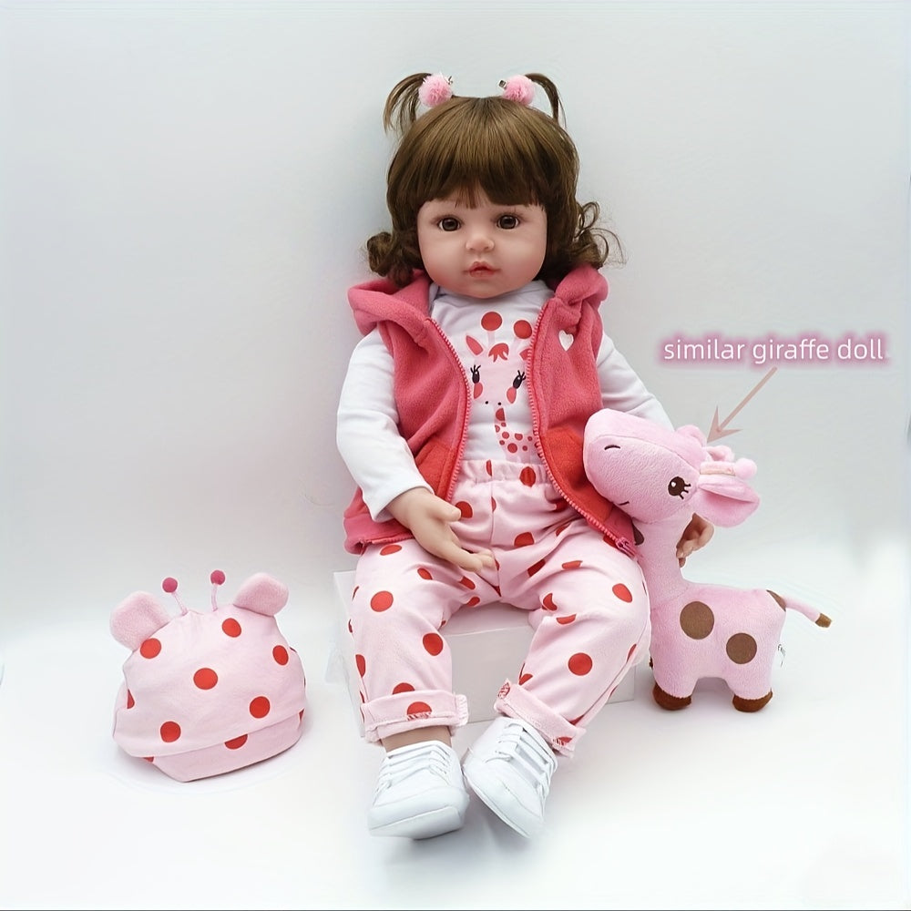 19 Inch/ 48 Cm Soft Vinyl Reborn Doll, Lovely Baby Girl With Hairwig In Pink Clothes And A Plush Giraffe Toy, Halloween/Thanksgiving Day/Christmas gift Carnival