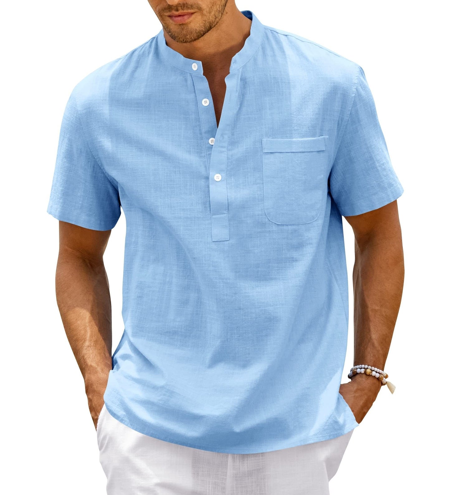 Men's Linen Henry Shirt, Loose Short-sleeve T-shirt For Summer Beach, Buttoned Lightweight Casual Top