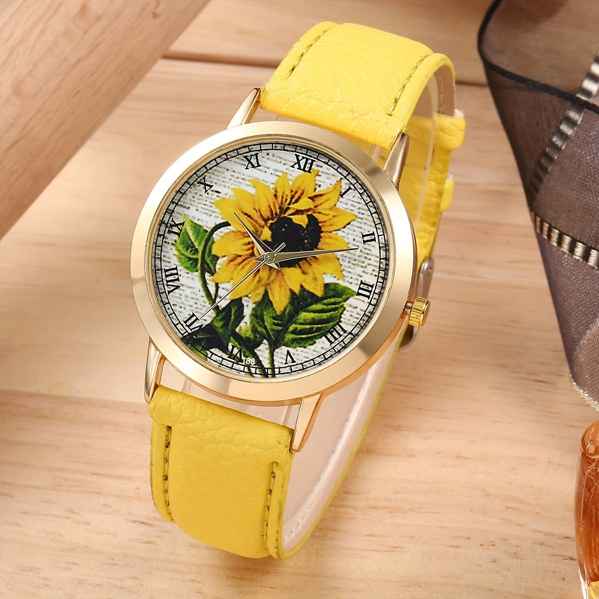 6pcs/set Sunflower Glamour Quartz Watch & Rhinestone Jewelry Set - Stylish Analog PU Leather Wristwatch for Casual Wear, Ideal Gifts for Women and Moms